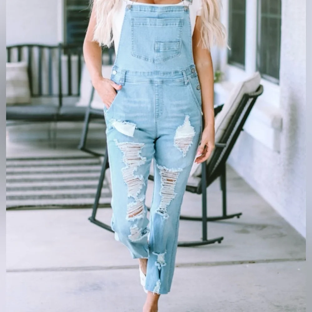 Women's Light Blue Distressed Denim Overalls - Picture 2 of 16
